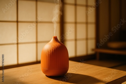 Orange electric diffuser spreading aromatherapy vapors in a tranquil minimalist room with traditional Japanese sliding doors