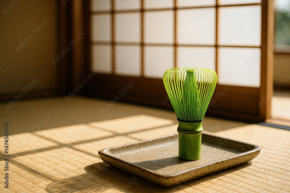 Green bamboo chasen matcha whisk standing on a ceramic tray on a tatami mat, in a traditional Japanese tea room with sunlight shining through shoji doors