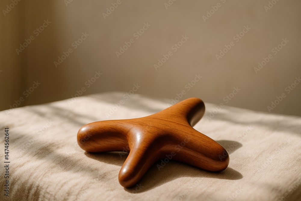 Wooden reflexology tool placed on a beige linen surface, evoking a sense of tranquility and self care