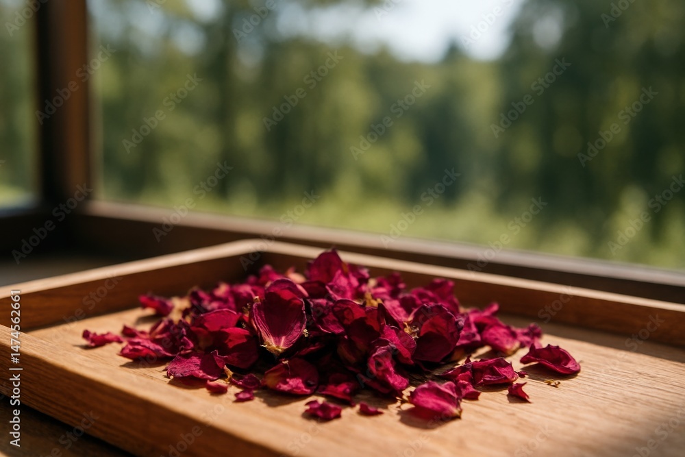 Dried red rose petals arranged on a wooden tray, placed by a window overlooking a serene forest, creating a tranquil and aromatic scene
