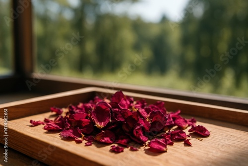 Obraz na płótnie Dried red rose petals arranged on a wooden tray, placed by a window overlooking a serene forest, creating a tranquil and aromatic scene w salonie