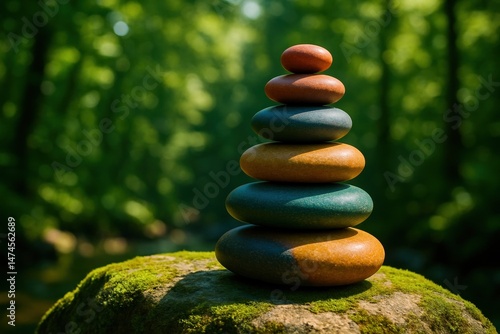 Balancing pebbles in a stack on a mossy rock near a river in a forest, creating a tranquil scene of harmony