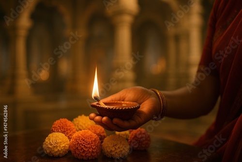 Indian woman holding a burning diya oil lamp with flowers in front of her celebrating Diwali or Deepavali