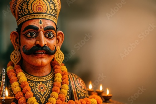 Obraz na płótnie Close up of a colorful Ravana effigy, adorned with marigold garlands, illuminated by traditional oil lamps, symbolizing the Dussehra festival w salonie