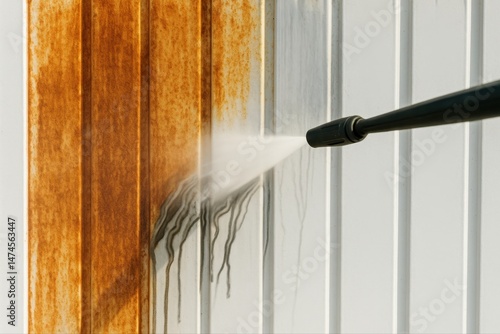 High pressure water jet removing rust from metal surface