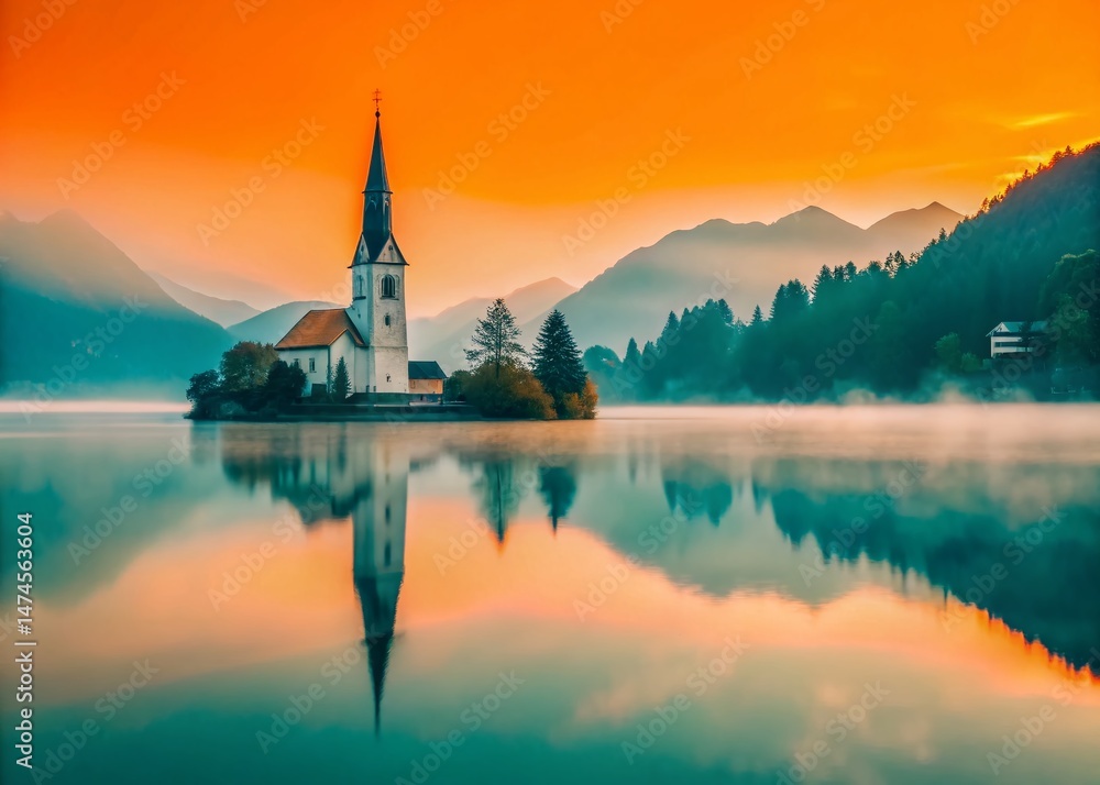 Fototapeta premium Misty Morning Lake Reflection: Church, Mountains, Serenity