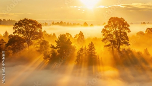 Misty Sunrise Forest Landscape: Serene Dawn in a Foggy Woodland