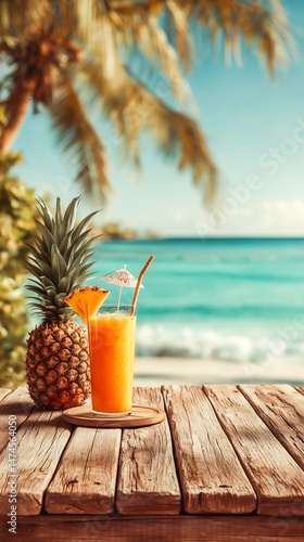 Rustic wooden table with clean central space for product placement, colorful smoothie in glass with umbrella and pineapple slice on the right, tropical palm and blurry ocean background.

