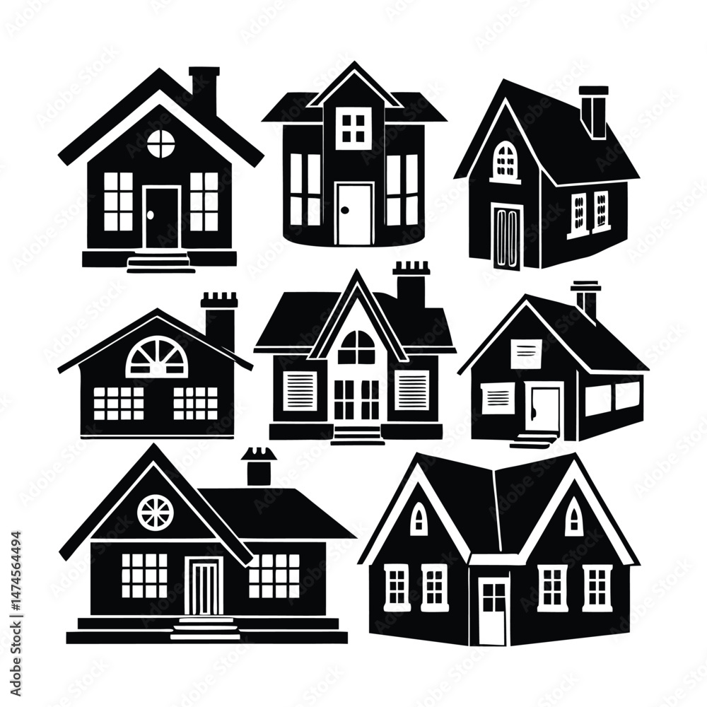 Black House Icon Set, Simple Residential Building Silhouettes. Black House Icon Set, Simple Residential Building Silhouettes.