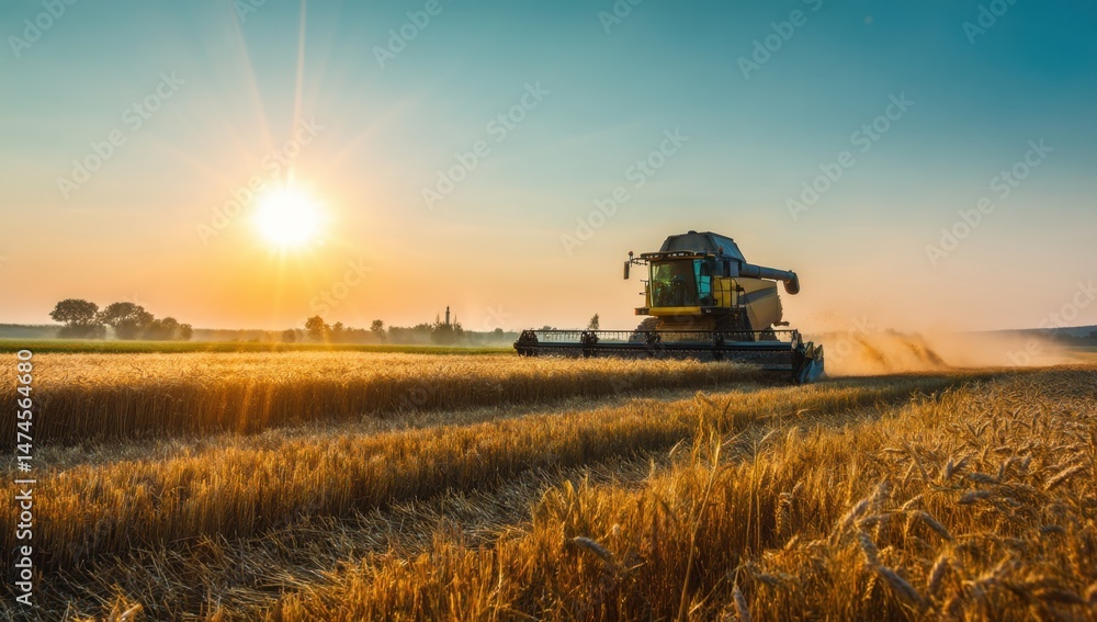 Fototapeta premium Combine harvester working in field at sunset