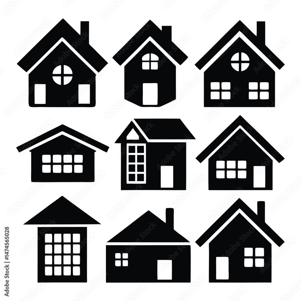 Black House Icon Set, Simple Residential Building Silhouettes. Black House Icon Set, Simple Residential Building Silhouettes.