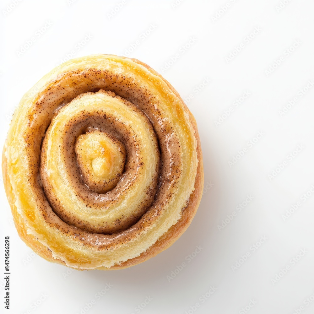Fototapeta premium Close-up of a sweet cinnamon roll with a spiral shape and caramelized sugar glaze, on a white background, detailed texture, breakfast pastry, delightful treat