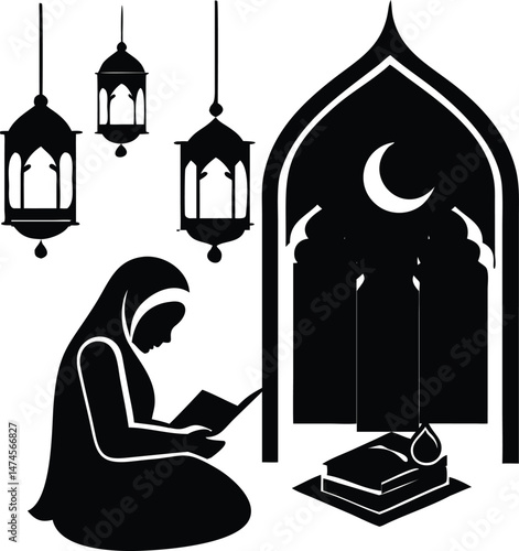 Muslim Woman Praying Silhouette Islamic Prayer Ramadan Night