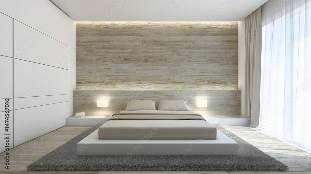 Fototapeta premium Minimalist bedroom interior with a raised platform bed and subtle ambient lighting