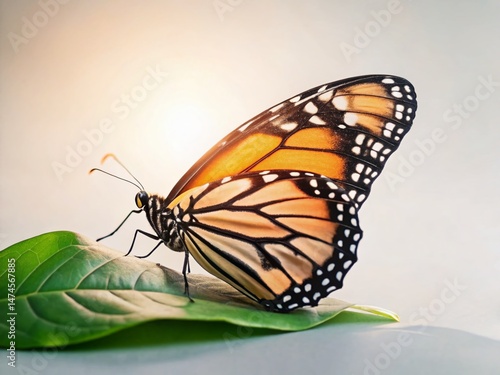 Monarch Butterfly on Green Leaf, Vibrant Nature Closeup, Springtime Insect