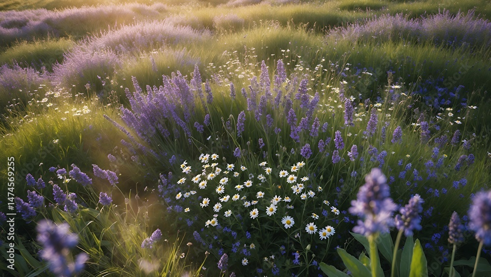Obraz premium Lavender and Daisy Field at Sunset with Golden Light