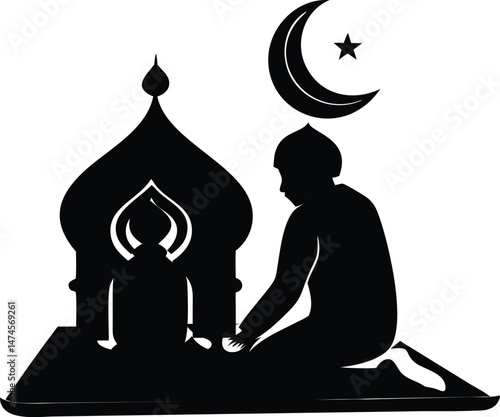 Silhouette of Muslim Man Praying in Mosque with Crescent Moon and Star