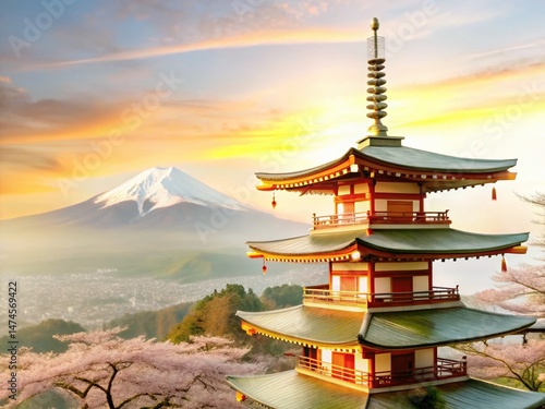 Wallpaper Mural Mystical Dawn: Enchanted Pagoda and Mount Fuji, Digital Painting Torontodigital.ca