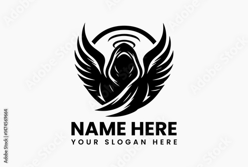 Stylized Hooded Winged Woman Vector Graphic. Mysterious Angelic Vector Logo Design