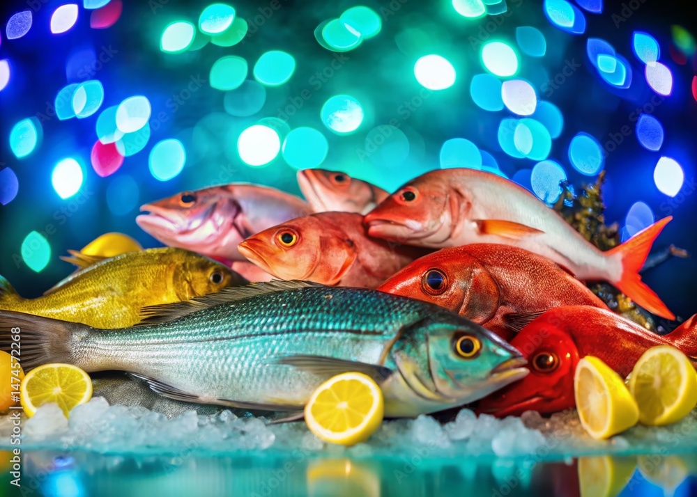 Naklejka premium Night Market Seafood: Vibrant Displays of Fresh Catch Under City Lights