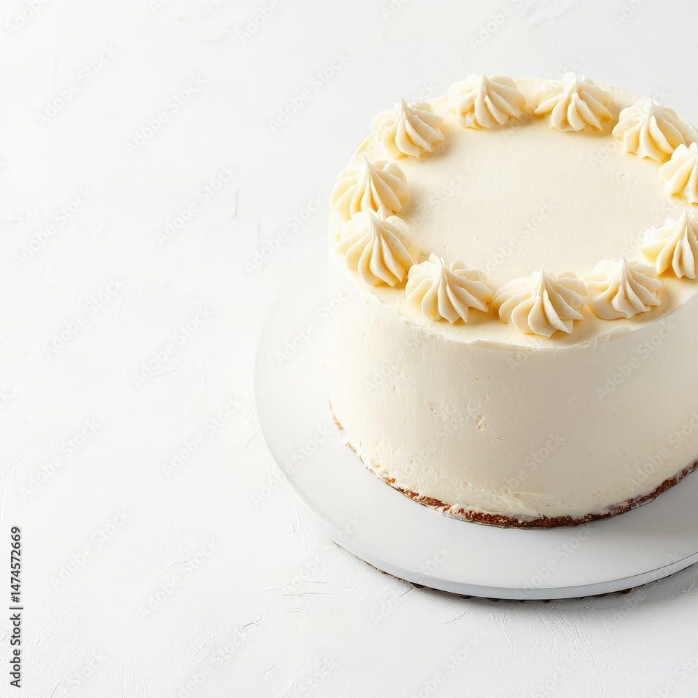 Fototapeta premium Elegant round layered vanilla cake with creamy frosting decorative rosettes on top and smooth surface, perfect for celebrations and special occasions