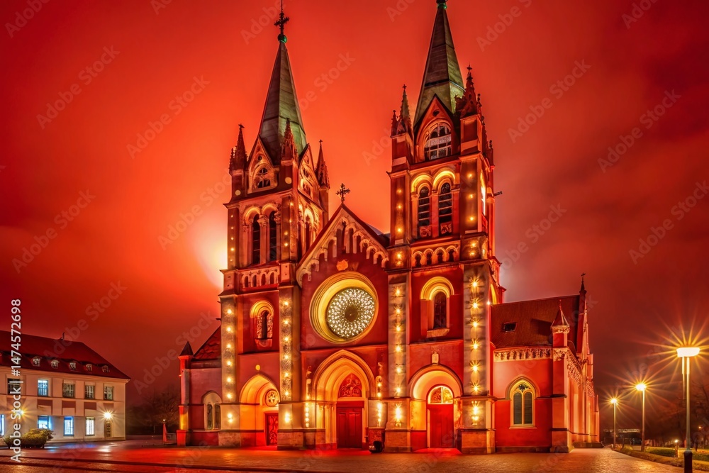 Naklejka premium Night Photography: Freiburg Herz Jesu Catholic Church, Illuminated Facade, Germany