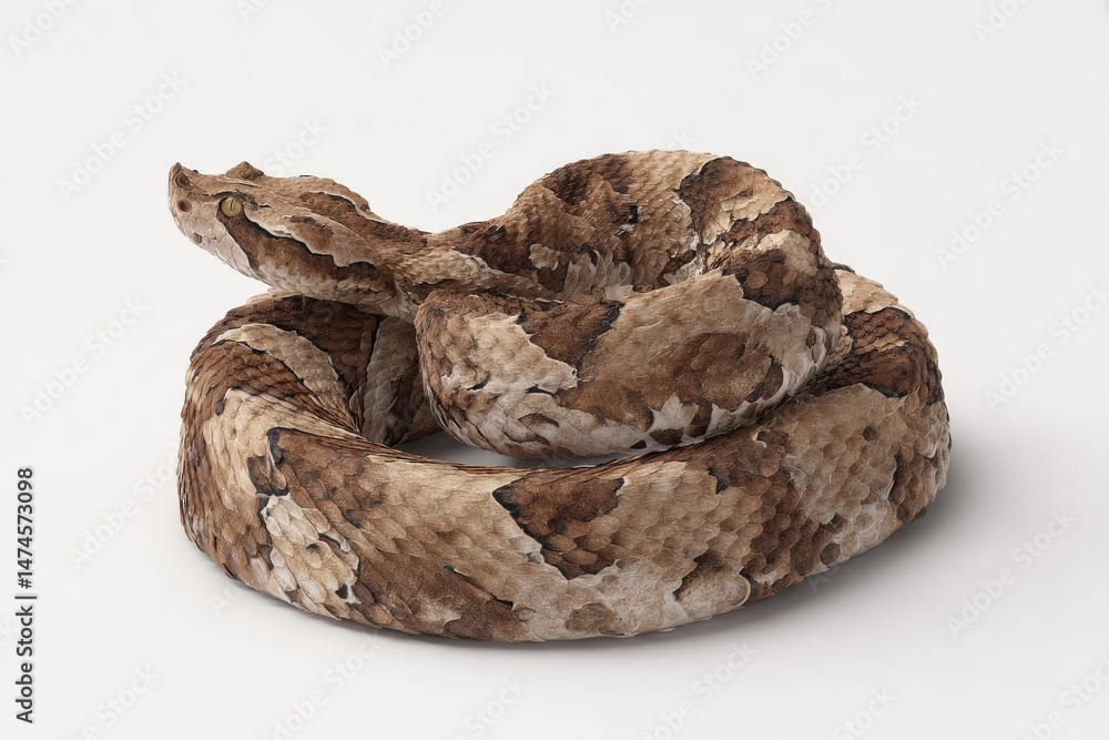 Obraz premium A detailed close-up of a puff adder, coiled on a white background. Its intricate scales and patterns are clearly visible.