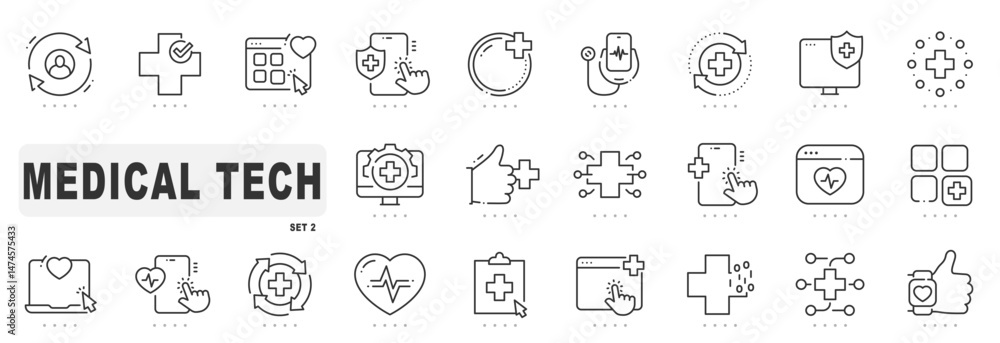 Set of medical technology related line icons. Digital, innovation, tech, healthcare etc. Editable stroke. Set 2 Set of medical technology related line icons. Digital, innovation, tech, healthcare etc. Editable stroke. Set 2