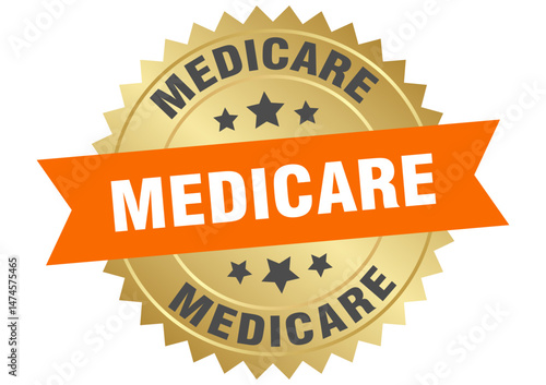 medicare. medicare round orange and gold label isolated on transparent background
