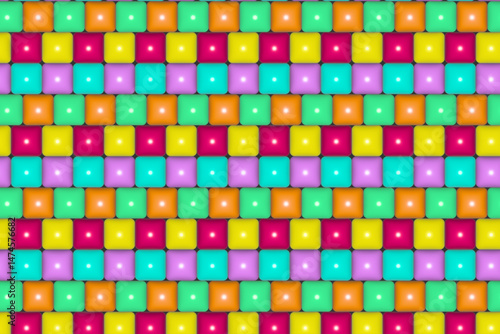 Seamless 3D Candy Pattern Featuring Vibrant, Glossy Square Tiles In A Grid Layout. Bold And Eye-Catching Design Perfect For Games, Apps, Digital Interfaces, Wallpapers, And Backgrounds.