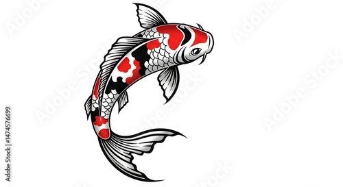 Koi fish in tribal tattoo style, geometric lines and curves, white background