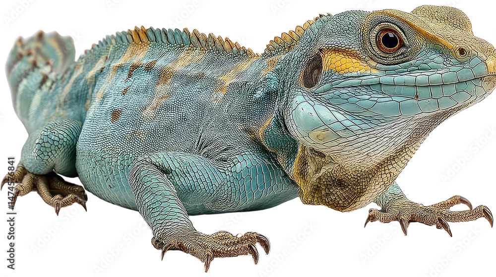Fototapeta premium Blue-Crested Lizard Portrait: A vibrant blue-crested lizard, showcasing its striking turquoise scales and distinctive crest, poses against a clean background.