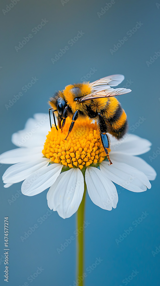 Obraz premium Bee pollinating daisy with nature closeup.