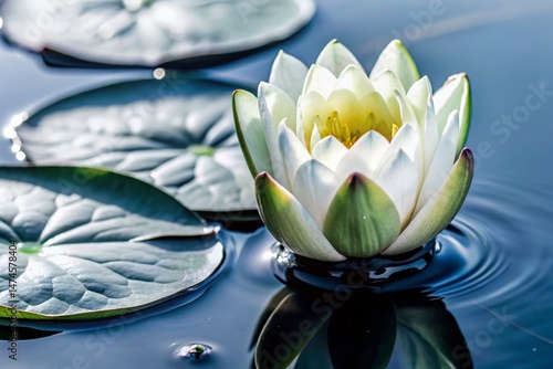 Panoramic Close-Up of a Budding Water Lily Flower and Green Leaves