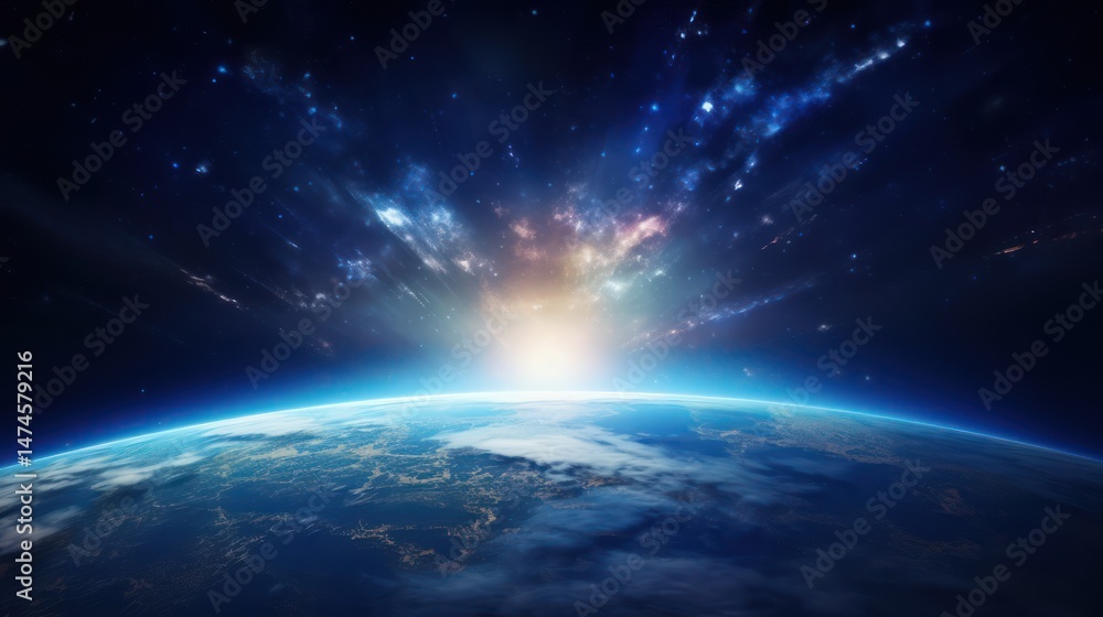 Fototapeta premium A vibrant, colorful sunrise over the Earth's horizon, with a starry sky and a glowing blue planet below.