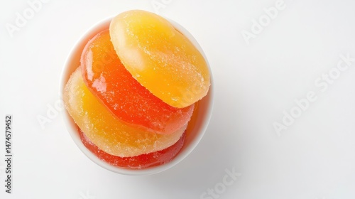 Assorted fruit-shaped gummy candies with sugar coating in a small white bowl on a white background, colorful sweet treats for snacks and desserts