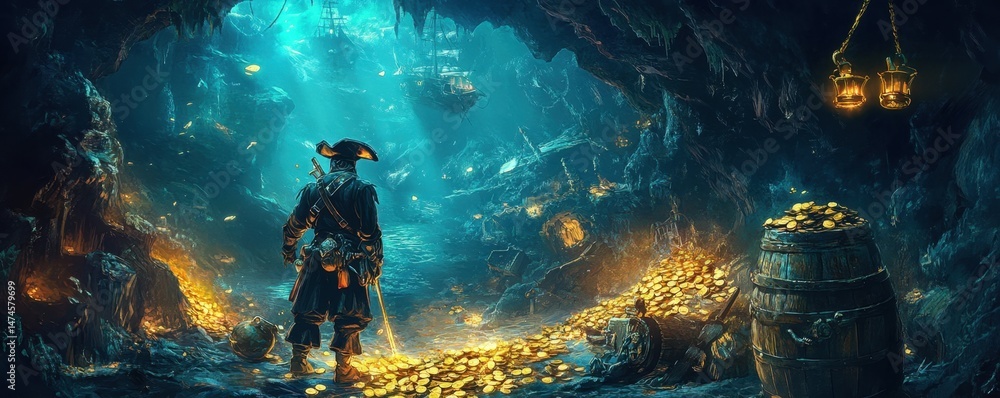 Fototapeta premium Pirate in Underwater Cave with Gold Treasure