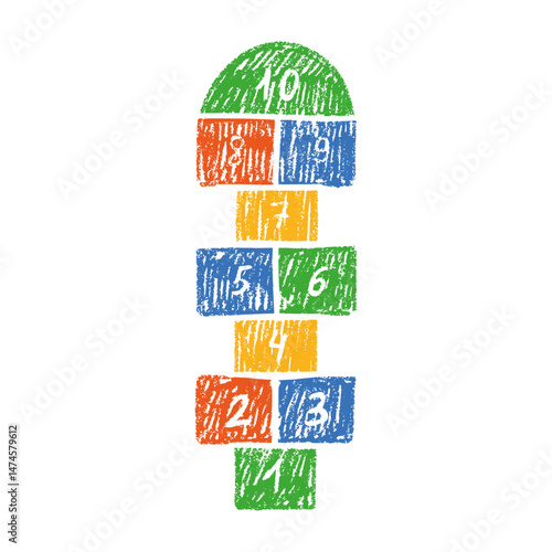 Hopscotch game child, fun outdoor activity for kids. Flat vector illustration isolated on white background.