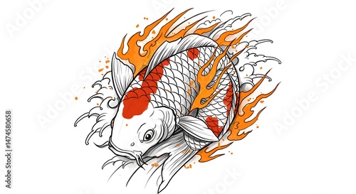 Wallpaper Mural Koi fish with wind bars and fire elements, dynamic tattoo sketch, white background Torontodigital.ca