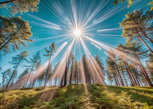 Panoramic Sunbeams Illuminating Lush Green Forest