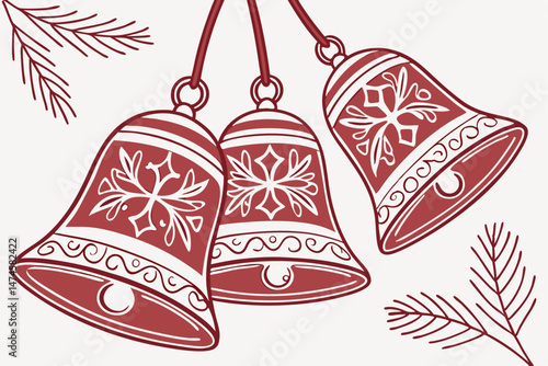 56 red ceramic christmas bells, intricate white patterns, holiday, christmas ornament, 3d render