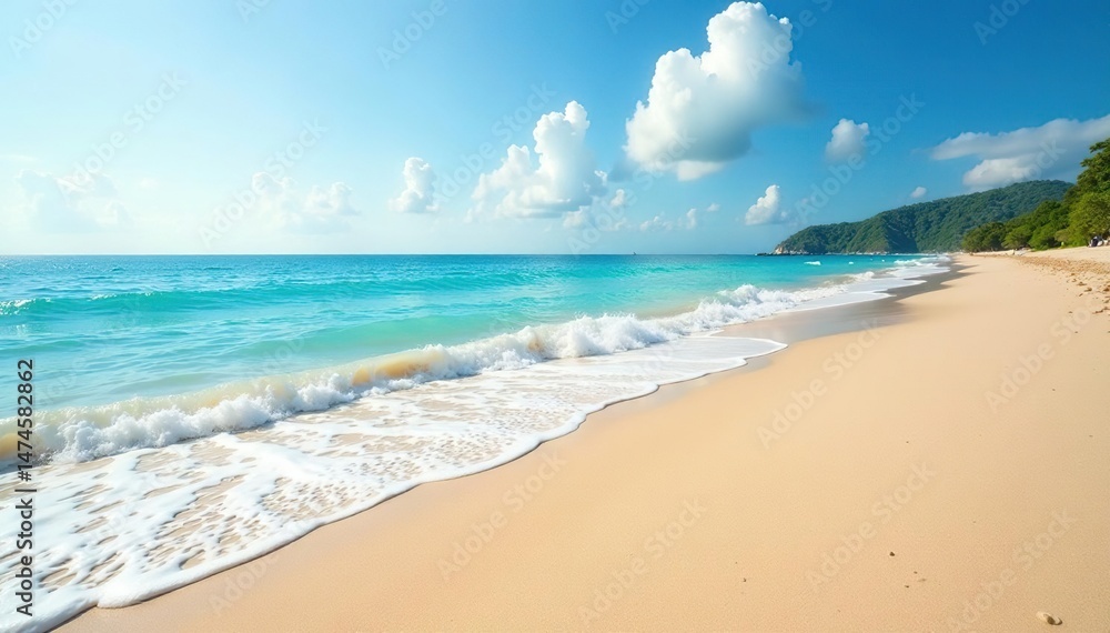 Obraz premium Tranquil beach scene with soft sand and gentle waves Perfect for travel, vacation, or nature themes , beach, nature, water