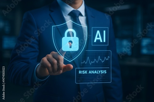 A businessman in a suit uses his finger to interact with a holographic display featuring a security shield, AI, and risk analysis data.