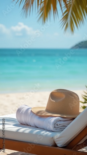 Soft beach towels with sunhat and lounge chair by the sea, peaceful seaside relaxation scene, summer vacation vibes and coastal comfort, tranquil beach setup for travel and holiday design themes