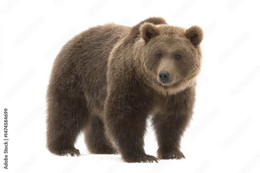 Obraz premium A majestic brown bear stands against a stark white background, its thick fur contrasting beautifully.