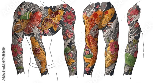 Traditional Japanese koi tattoo, full sleeve style, with white background