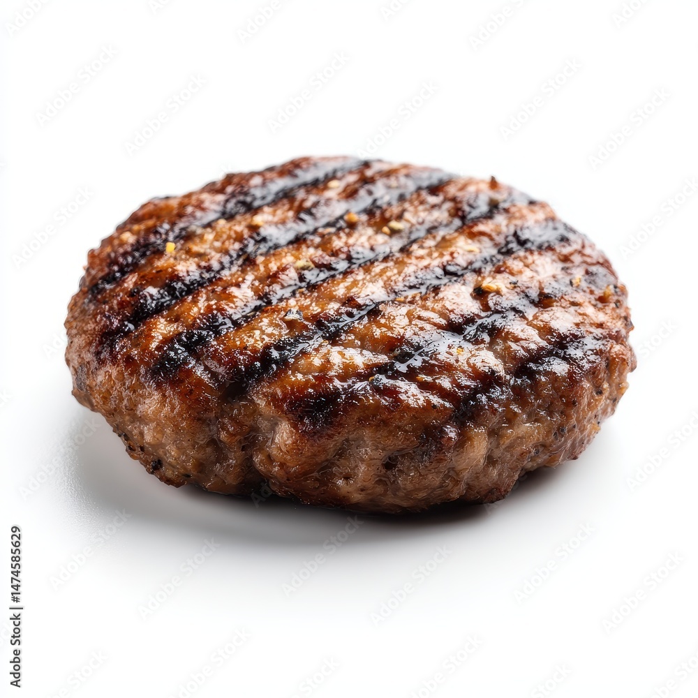 Grilled beef burger patty on white background, Freshly cooked hamburger patty on grill, A burger patty with grill marks, Juicy cooked hamburger isolated, Classic ground beef patty, easy to cut out Grilled beef burger patty on white background, Freshly cooked hamburger patty on grill, A burger patty with grill marks, Juicy cooked hamburger isolated, Classic ground beef patty, easy to cut out
