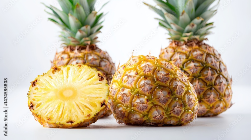 Fresh ripe pines with vibrant spiky green leaves, one sliced to reveal juicy yellow flesh, on a clean white background for tropical fruit or healthy eating themes Fresh ripe pines with vibrant spiky green leaves, one sliced to reveal juicy yellow flesh, on a clean white background for tropical fruit or healthy eating themes