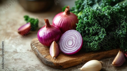 Hyper-Realistic Studio Photo of Red Onion on Wooden Board with Italian Curly Kale, Vegetables, and Mini Shallots Isolated on Beige Background. Sharp Focus, High Detail for Food Packaging