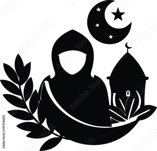 Muslim Woman Silhouette with Mosque Crescent Moon and Stars